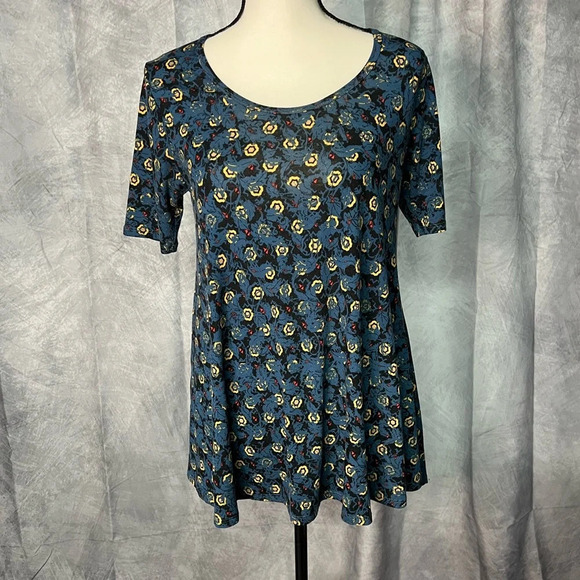 LuLaRoe Blue, Black, Red and Yellow Floral Graphic Print Perfect T - XXS - Picture 1 of 11